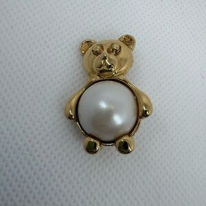 Vintage Marvella Gold Tone Faux Pearl Teddy Bear Brooch Pin